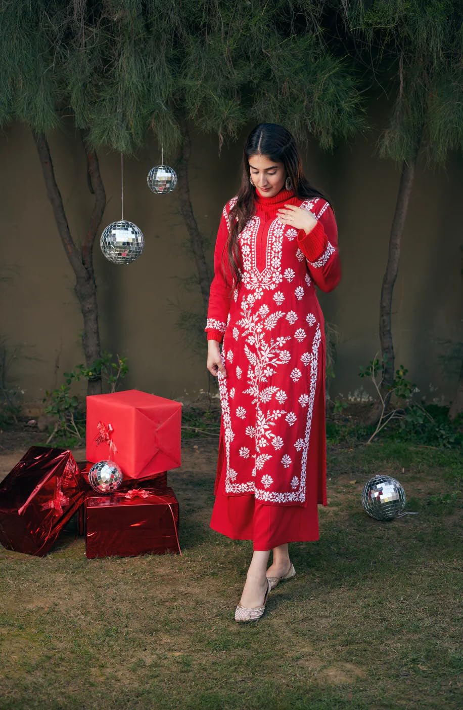 ANNI DESIGNER Women's Cotton Blend Chikankari Embroidered Straight Kurta (Dayak Red-Nw_L_Red_Large)