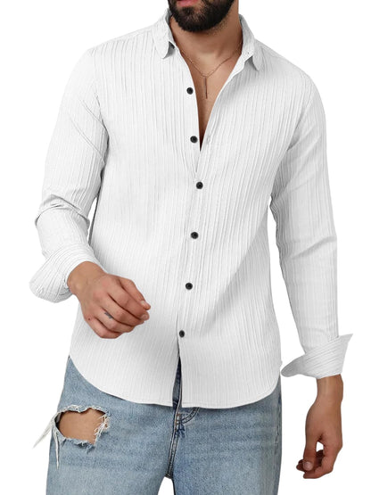 Finivo Fashion MenS Casual Cotton Plain Button Down Shirts Long Sleeve Textured Summer Beach Shirt For Men White