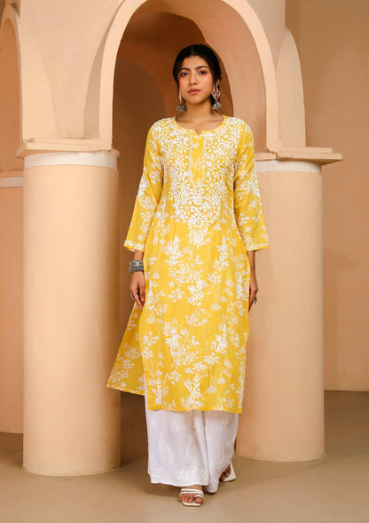 Gosriki Women'S Cotton Blend Chikankari Embroidered Straight Kurta (Zainab Yellow-Nw-Gs_M_Yellow_Medium)