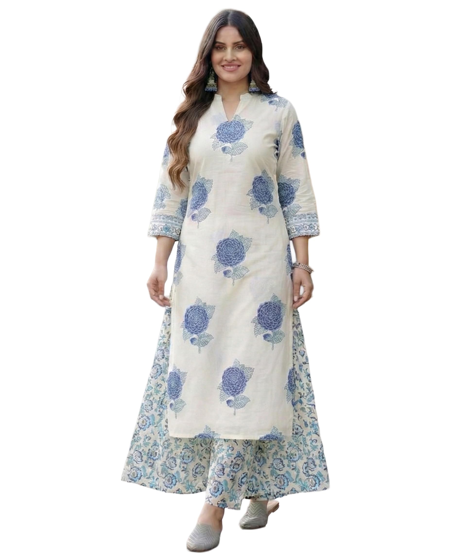 ANNI Designer Womens Viscose Blend Straight Printed Kurta with Palazzo (Chinon White_XXL_White_XX-Large)