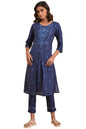 W Dark Blue Floral Printed Cotton Straight Long Kurta For Women
