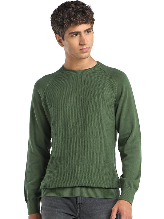 Bewakoof Mens Textured Regular Fit Raglan Sleeve Round Neck Cotton Sweater_680231_Green_XL