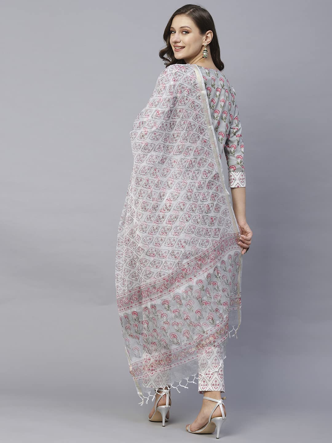 ANNI DESIGNER Women's Cotton Blend Straight Printed Kurta with Pant & Dupatta (Lord Grey)