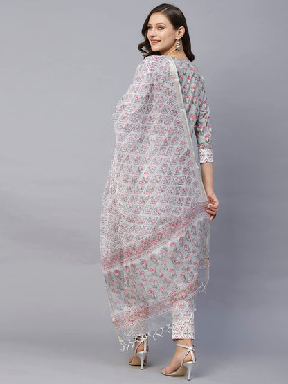 ANNI DESIGNER Women's Cotton Blend Straight Printed Kurta with Pant & Dupatta (Lord Grey)