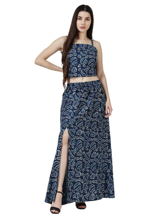 POPWINGS Casual Bagru Printed Cotton Top and Skirt Co-Ord Set for Women || Pom Pom Top and Long Slit Skirt Dress Set for Women |