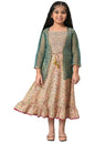 Girls Green Poly Net Gilet With Pink Floral Printed Dress