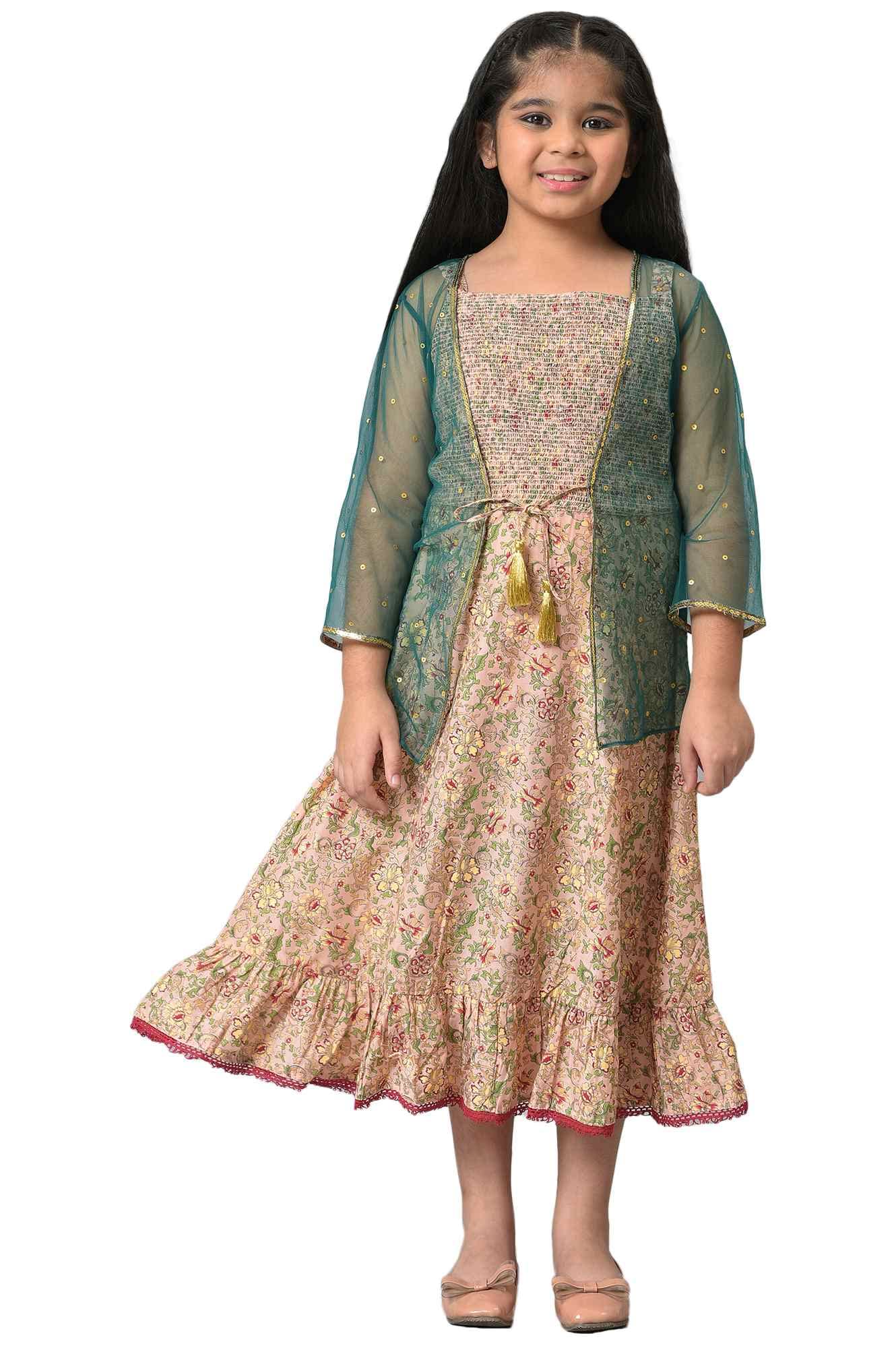 Aurelia Girl's Green Geometric Printed Flared Dress with Gillet_22AUG10253A-506134_4-5