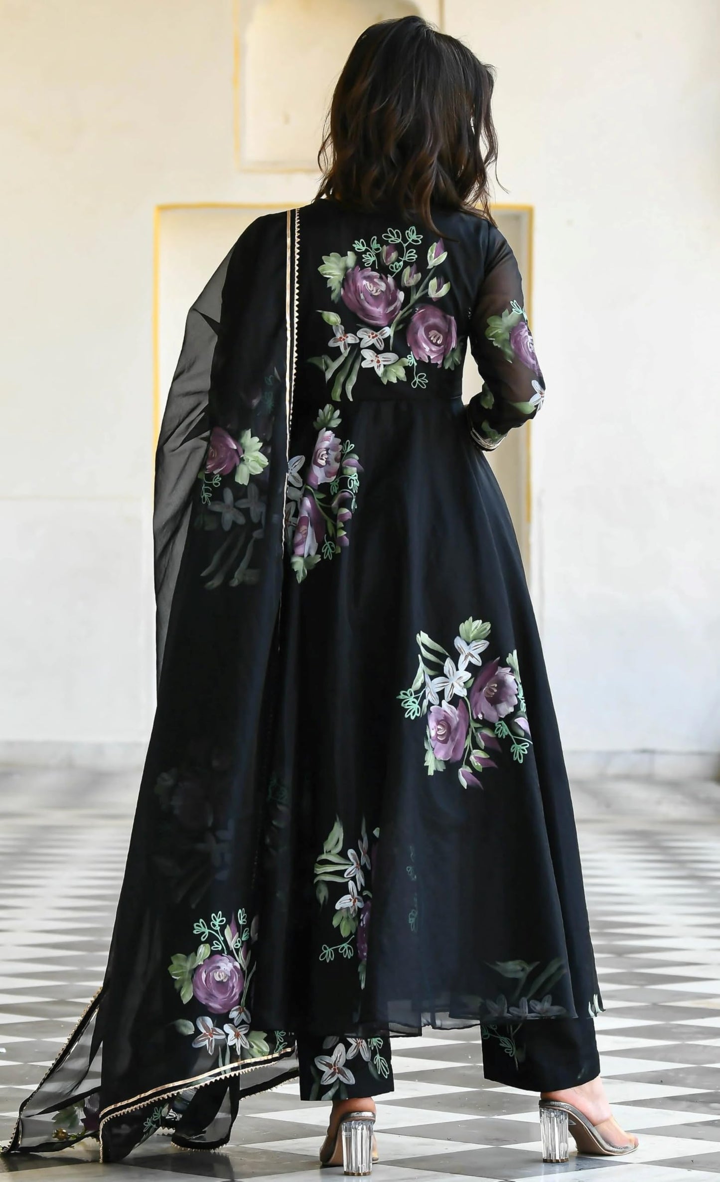 Sugathari Ladies Anarkali Kurta Set, Georgette Floral Print, Black, Large, Model 113