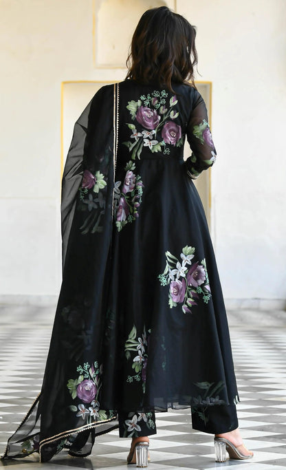 Sugathari Ladies Anarkali Kurta Set, Georgette Floral Print, Black, Large, Model 113