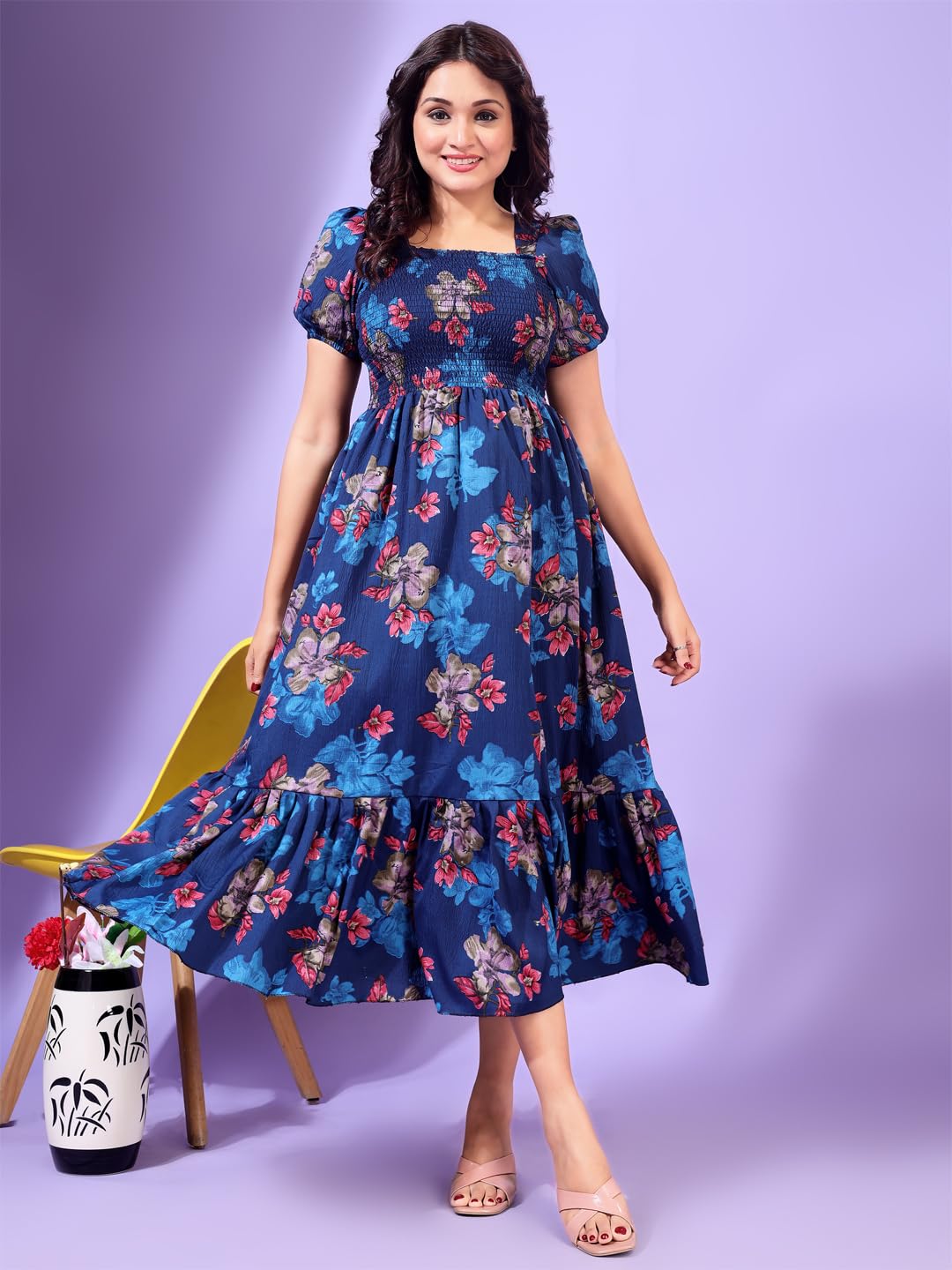 Kuduzo WomenS Cotton Blend Ruffle Midi Dress With Floral Print Short Sleeves Knee Length Regular Fit And Square Neck Blue