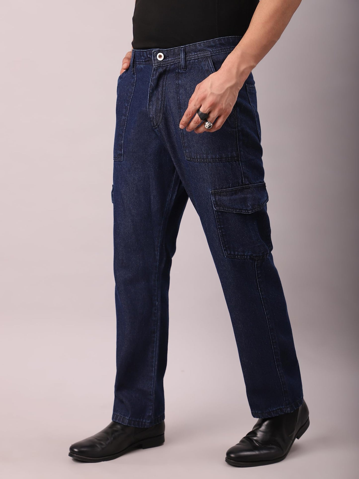 AVANOVA Dark Blue Bell-Bottom Men Cargo Jeans II Men Cargo Pants II Denim Cargo for Men II Cotton Pant II Wide Legs II Flap Pock
