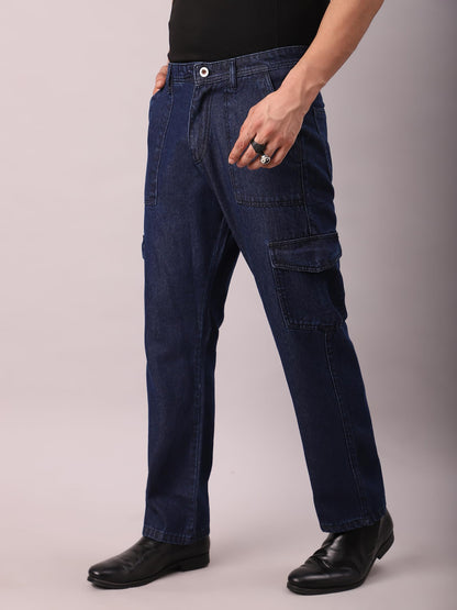AVANOVA Dark Blue Bell-Bottom Men Cargo Jeans II Men Cargo Pants II Denim Cargo for Men II Cotton Pant II Wide Legs II Flap Pock