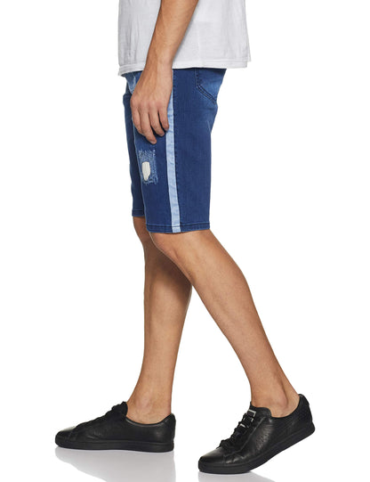 Campus Sutra Mens Classic Blue Medium-Washed Distressed Side Striped Regular Fit Denim Shorts | Mid-Rise Stretchable Cotton Deni