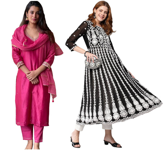 ANNI DESIGNER Women's Cotton Blend Kurti With Pant And Dupatta Combo Pack Of 2
