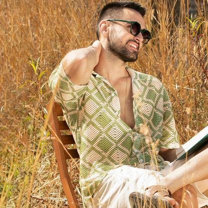 Campus Sutra Mens Grass Green & Pale Yellow Geometric Block Oversized Shirt for Casual Wear | Spread Collar | Short Sleeve | Bu