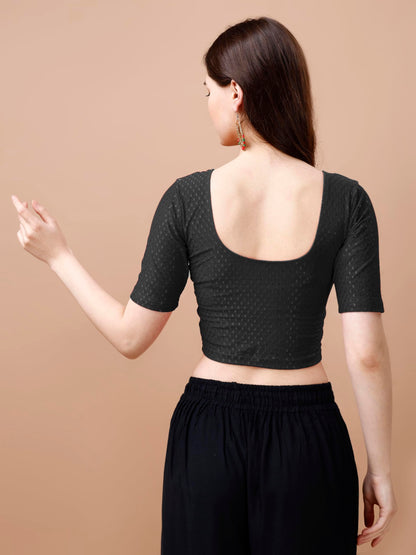 Pujia Mills WomenS Readymade Dobby Cotton Lycra Stretchable Round Neck Half Sleeve Blouse Fancy Black Color Lycra Stretchable B