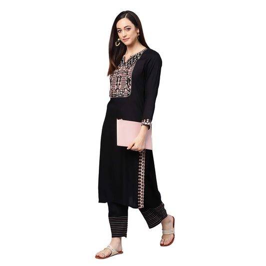 idaLia Designer Long Kurta with Palazzo - Elegant Embroidered Kurta Set, Straight Kurta with Palazzo Pant, Full Sleeve, Round V Neck, Calf Length, Rayon Fabric