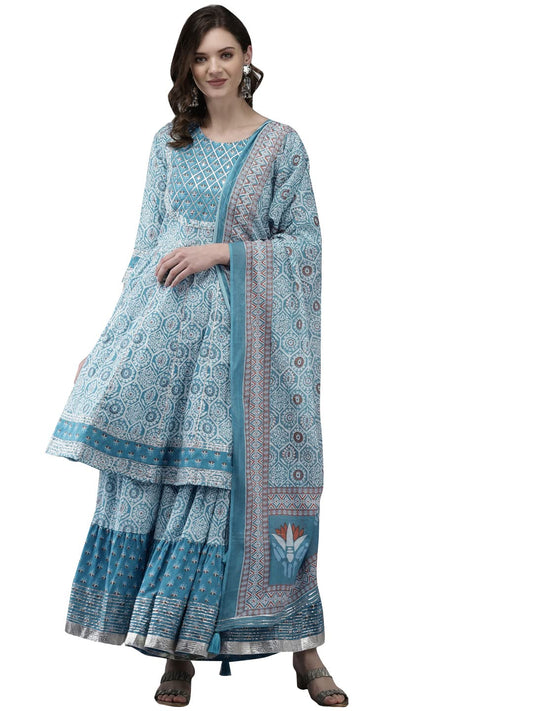 ishin Women's Pure Cotton Blue Embroidered Anarkali Kurta suit set With Dupatta & Sharara