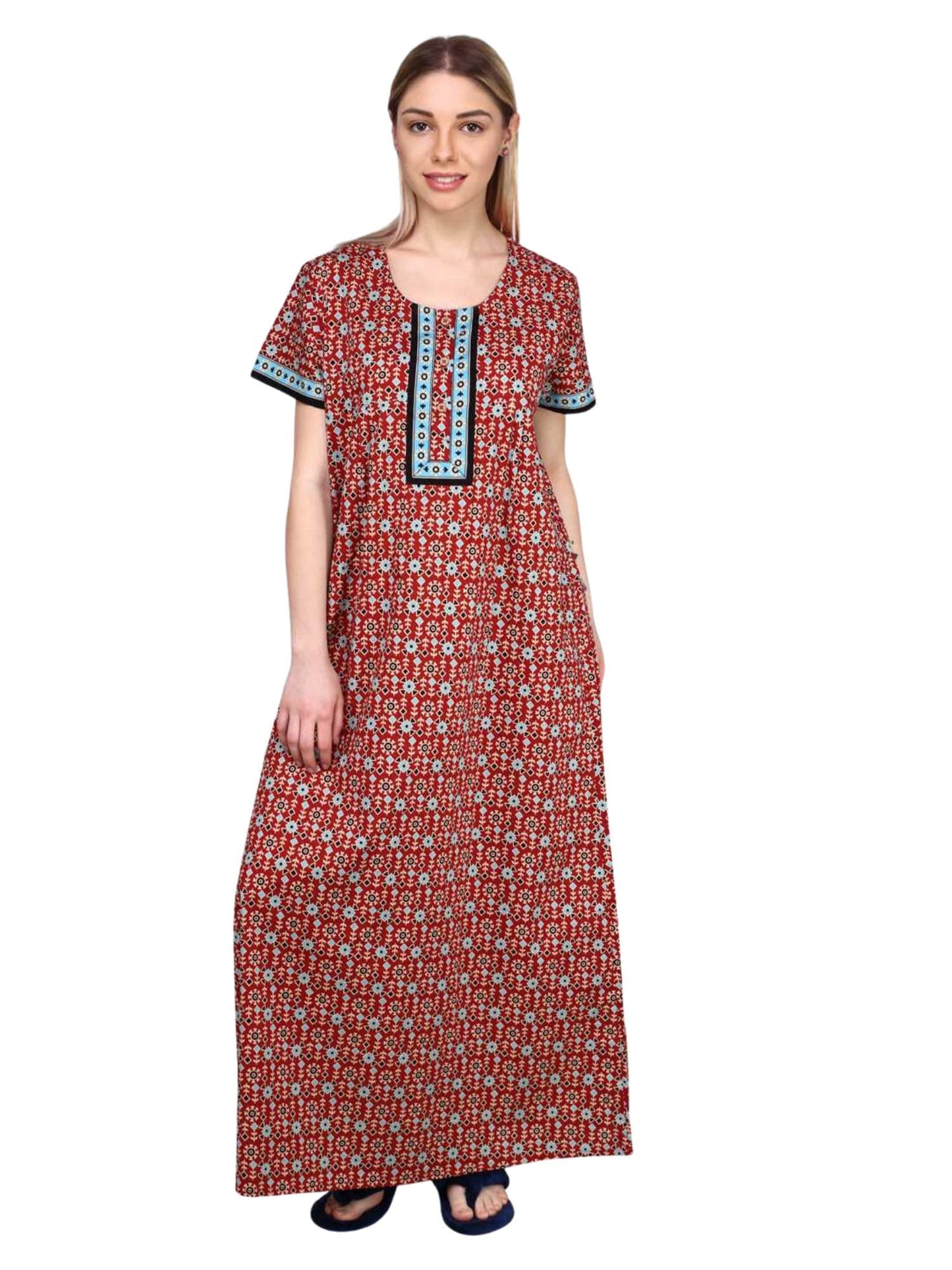 Evolove WomenS Cotton Long Maxi Night Gown Nighty Dress With Pocket & Stylish Button, Super Soft Comfortable (Red 2, Lngco3058R