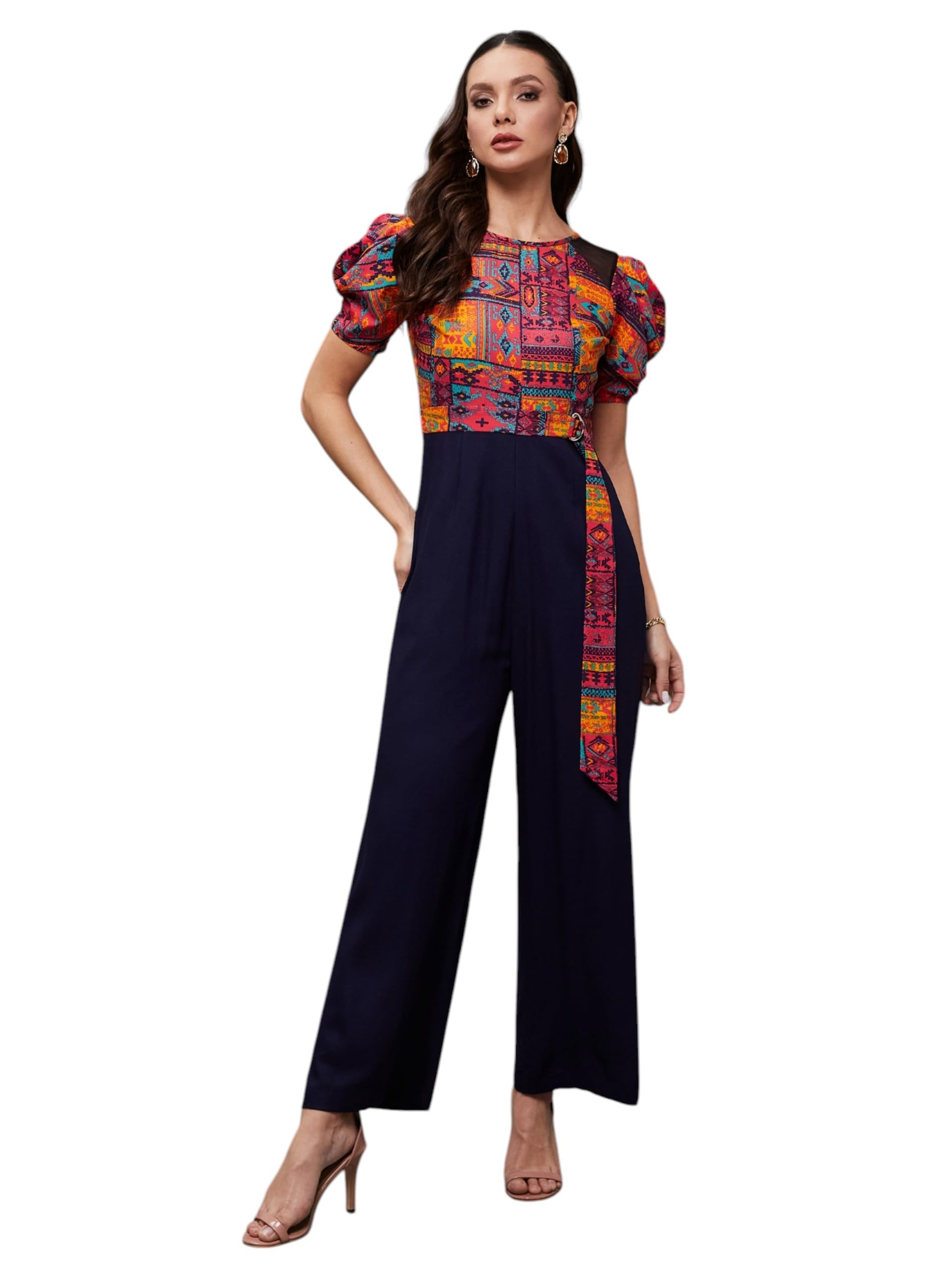Miss Chase Womens Round Neck Cowl Sleeve Bohemian Wide-Leg Jumpsuit (MCSS23D15-71-178-06, Multicolored-Base-Navy Blue, XL)