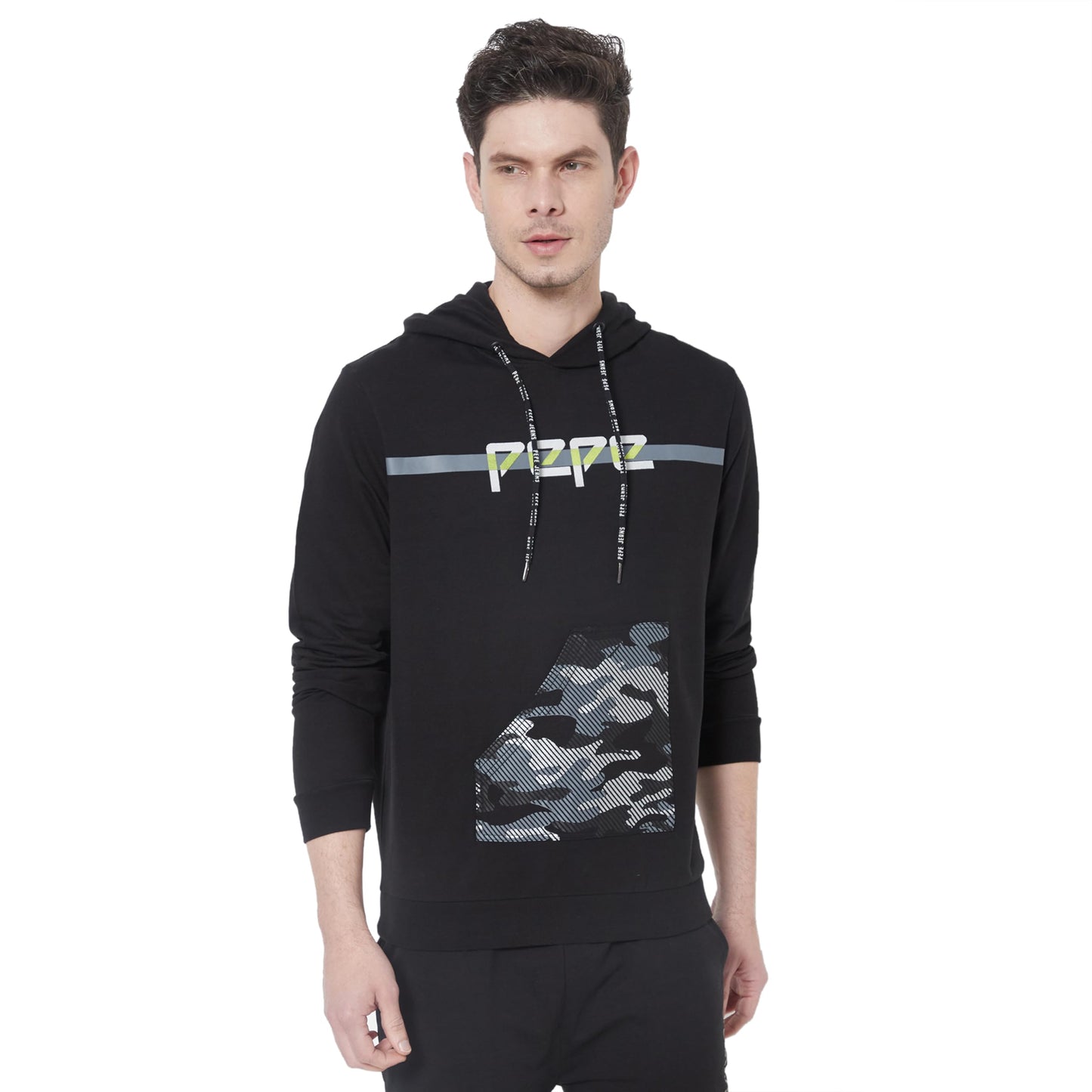 Pepe Jeans Mens Sami Placement Printed Hoodie Sweatshirt, Black,L