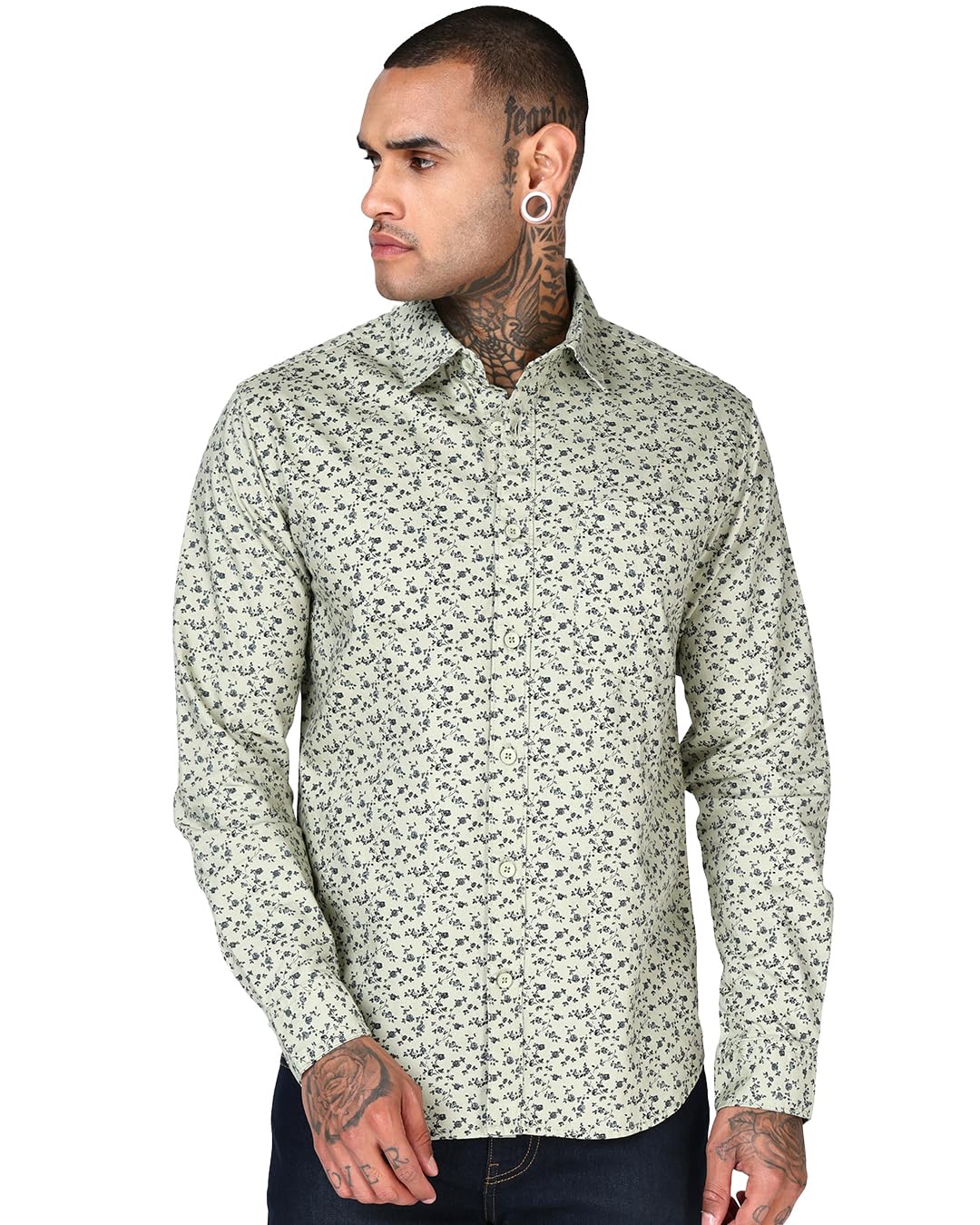 Bewakoof MenS All Over Print Regular Fit Full Sleeve Collar Cotton Shirt_694520_Green_Xl