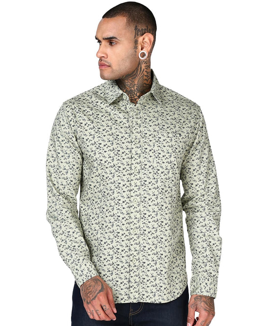 Bewakoof MenS All Over Print Regular Fit Full Sleeve Collar Cotton Shirt_694520_Green_Xl