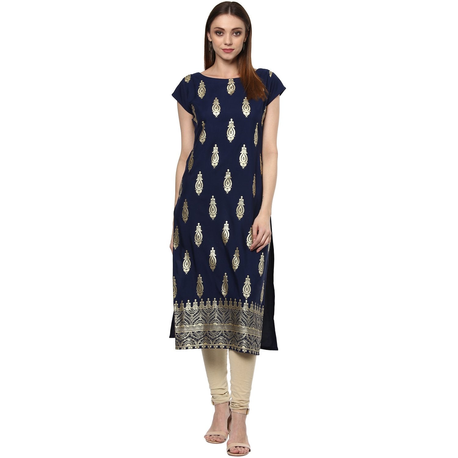 ZIYAA Women's Blue Color Self Print Straight Crepe Kurta