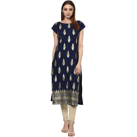 ZIYAA Women's Blue Color Self Print Straight Crepe Kurta