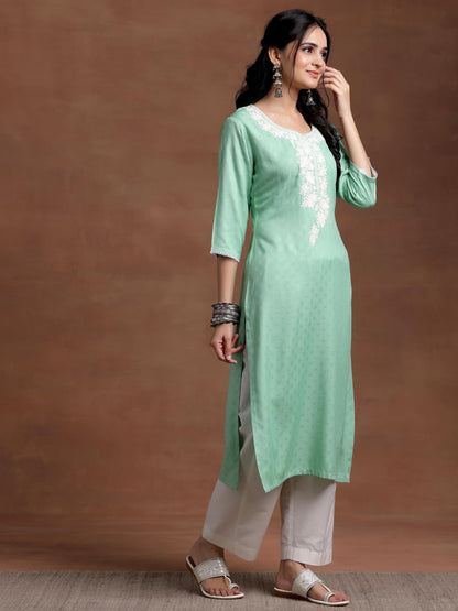 Libas WomenS Rayon Blend Yoke Design Straight Kurta (26809_Green
