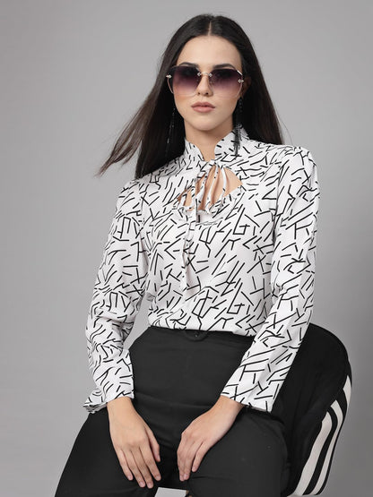 Style Quotient Women Black and White Abstract Print Polyester Smart Casual Top