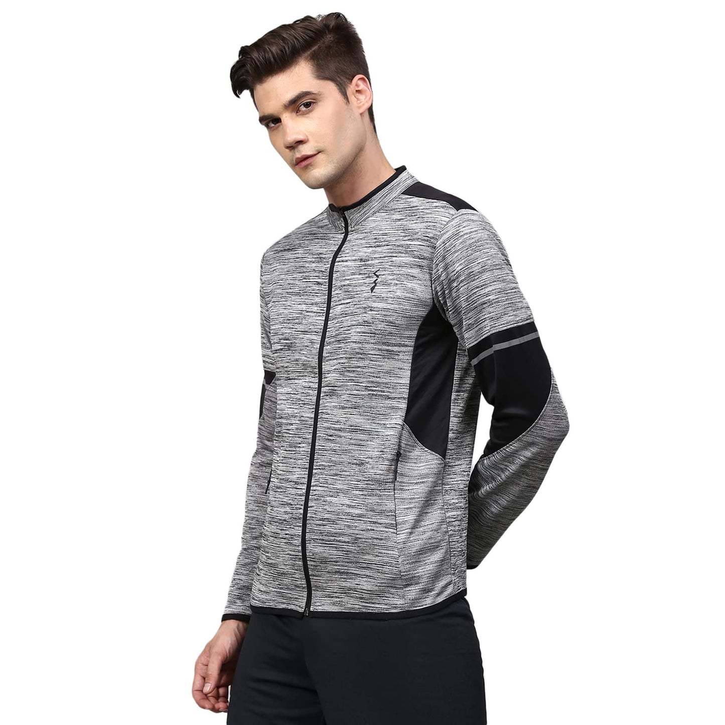 Campus Sutra Mens Grey Heathered Activewear Jacket With Contrast Detail For Casual Wear | Hooded Neck | Long Sleeve | Zipper Cl
