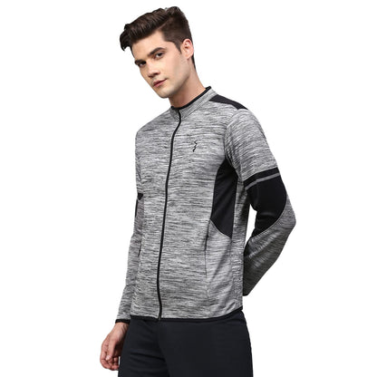 Campus Sutra Mens Grey Heathered Activewear Jacket With Contrast Detail For Casual Wear | Hooded Neck | Long Sleeve | Zipper Cl