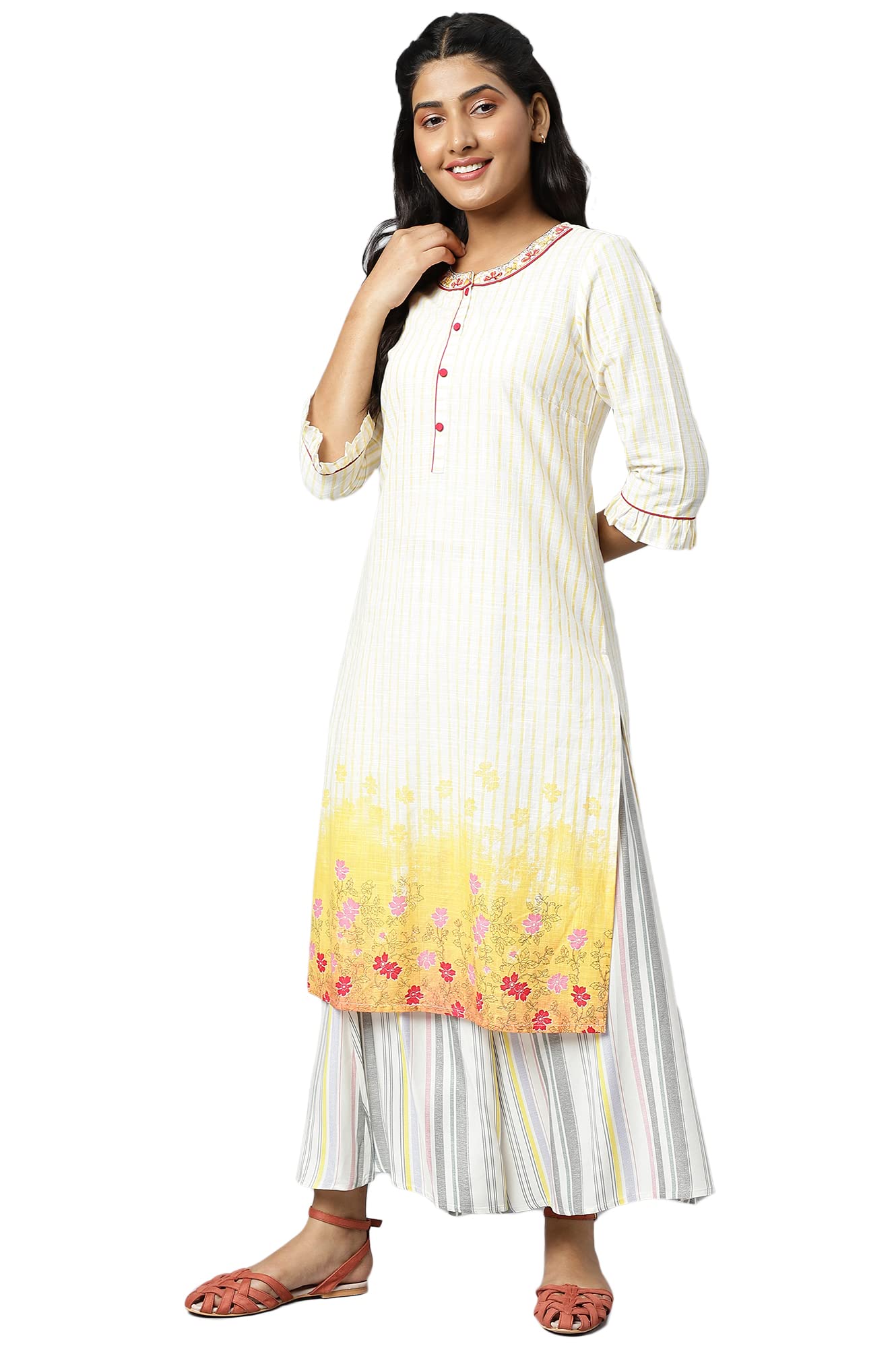 Aurelia Women White Rayon Floral Printed Straight Kurta