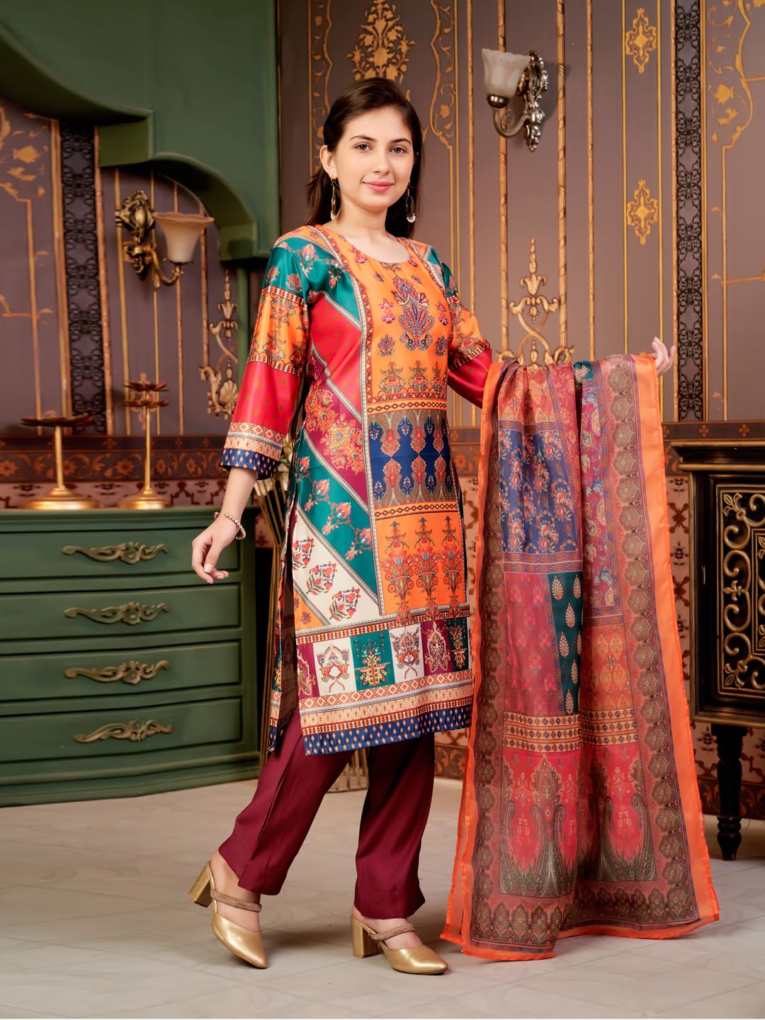 Aarika Girls Ethnic Wear Green-Wine Colour Abstract Embalished Satin Kurti Pant Set-8-15 Years (Kp-Tr-K-1059)