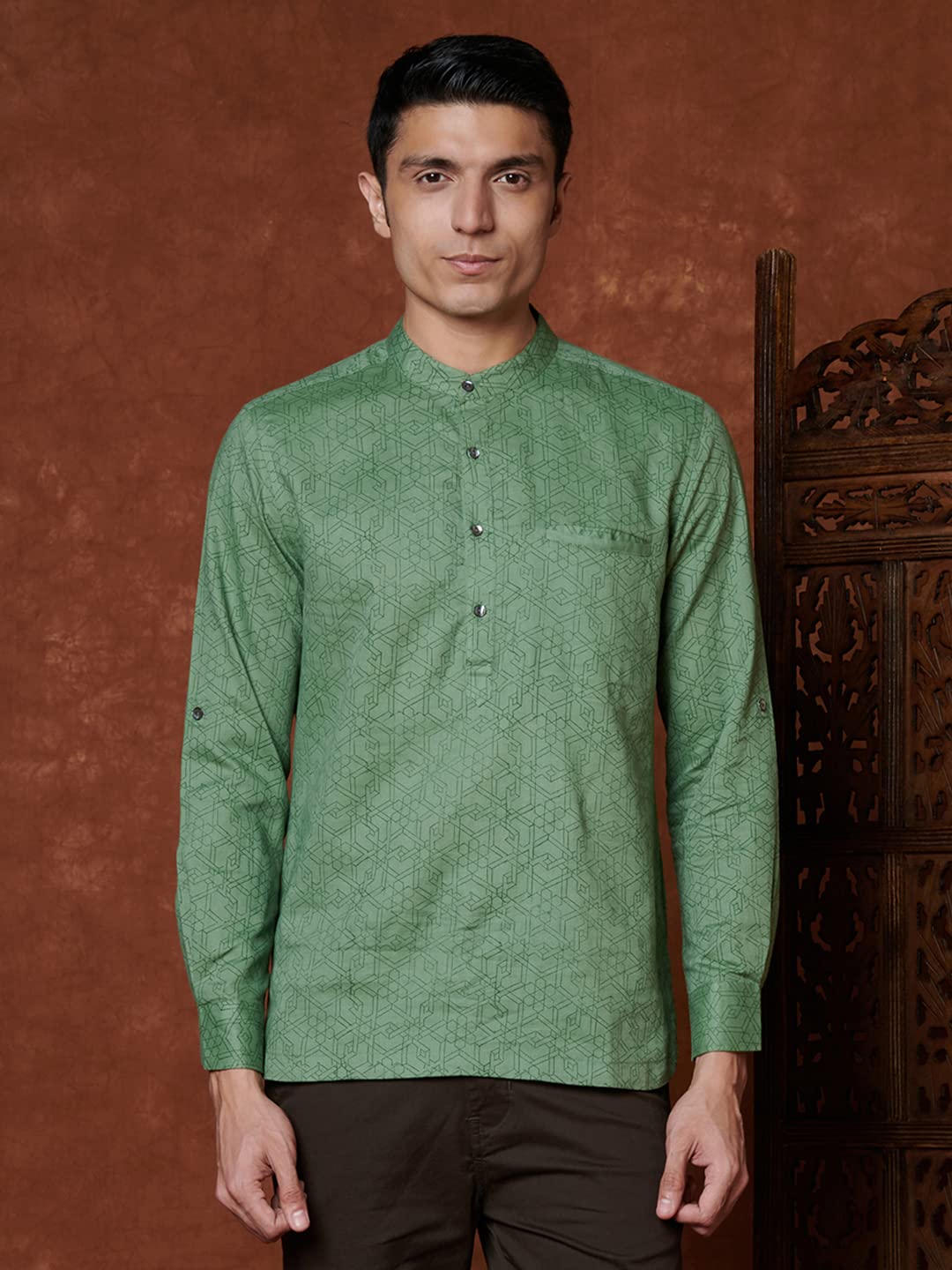 Fabindia Men's Geometric Slim Fit Shirt (1011702LIGHTGREEN_Green