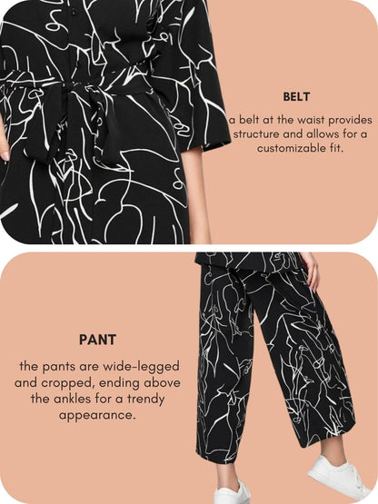 GRECIILOOKS Women Co Ord Set| Collared Self Belted Allover Print| Half Sleeve Shirt| Straight Shirt with Belt| Women Two-Piece O