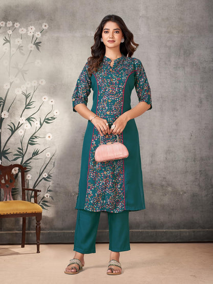 Pratham Blue WomenS Viscose Rayon Straight Kurta With Palazzos |Kurta Set For Women |Women Kurta |Women Printed Kurta Sets Kurt