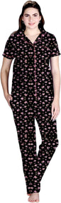 Lyra WomenS Cotton Shirt And Pyjama Printed Night Suit Black