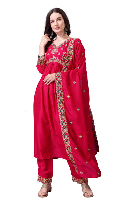 Pratham Blue WomenS Silk Embroidered Anarkali Kurta Palazzos With Dupatta |Kurta Sets For Women |Women Kurta |Women Embroidered