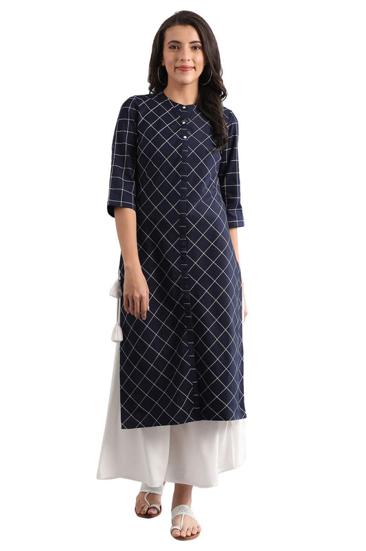 Aurelia Disha'S Blue Band Collar Yarn-Dyed Kurta