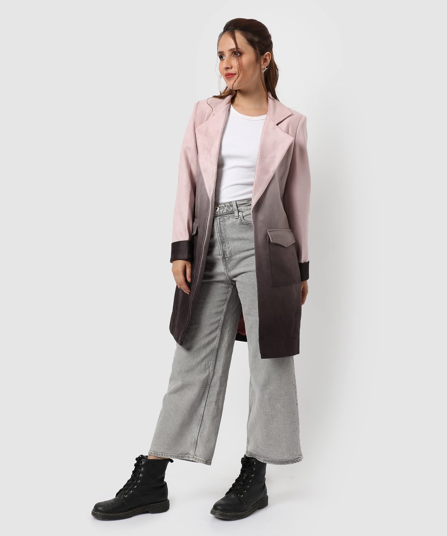 Campus Sutra Womens Dusky Pink & Brown Regular Fit Long Coat For Winter Wear | Collar Neck | Full Sleeve | Buttoned | Casual Ja