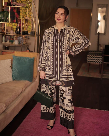 Modestouze Attires Turkish Cord Set For Women Stylish - Poly Rayon Long Sleeves Co Ord Set Mandarin Neck Floral Print Western Co