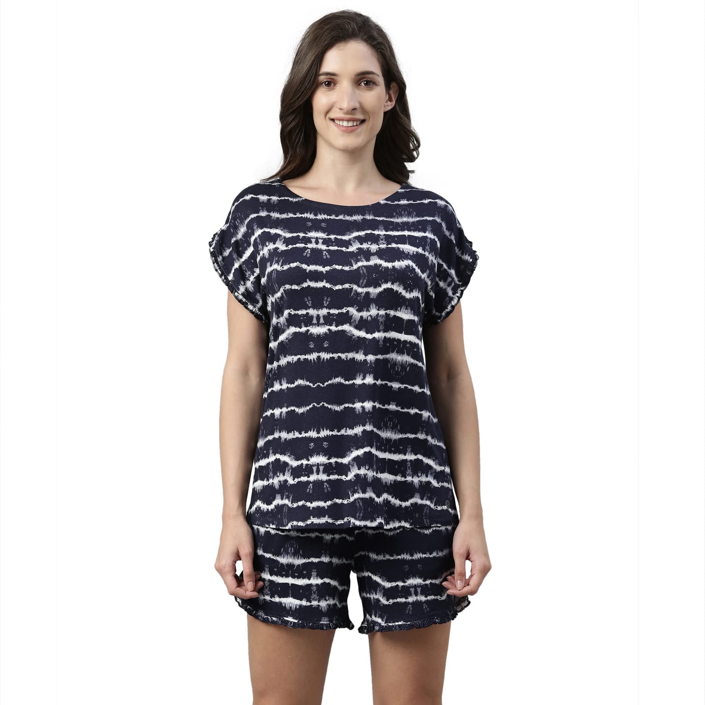 Enamor Essentials Womens Relaxed Fit Modal Fabric Short Sleeve Printed Shirt and Mid-Rise Mid-Thigh Length Slounge Shorts Set -