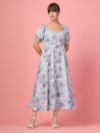 Oomph! Flared Dress For Women Stylish | Long One Piece For Women | Puff Sleeve Long Dress | Floral Print Maxi One Piece | Wester