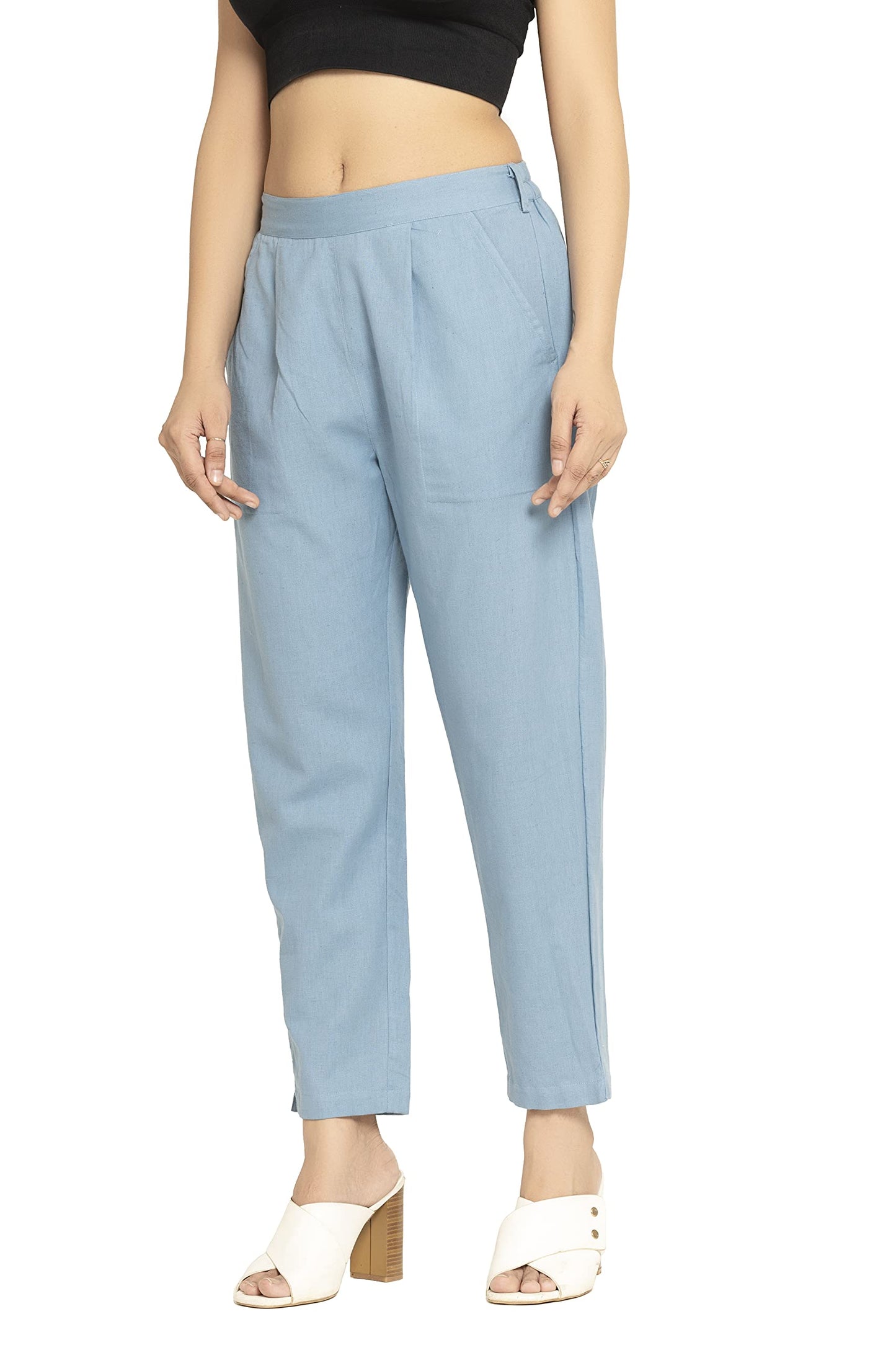 DIGITAL SHOPEE Womens Pure Cotton Made Elastic Waist Double Side Pocket Ankle Length Casual/Formal Trouser- Pack of 1 Sky Bkue