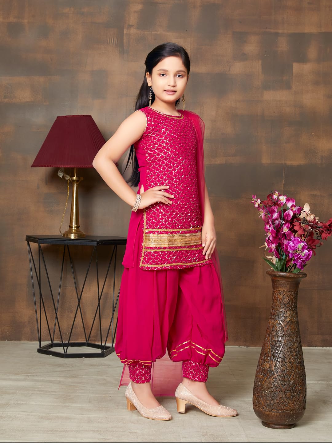 Aarika Girls Ethnic Wear Rani Colour Sequin Embroidery Lace Work Georgette Kurti Patiala Set (10-15 Years)