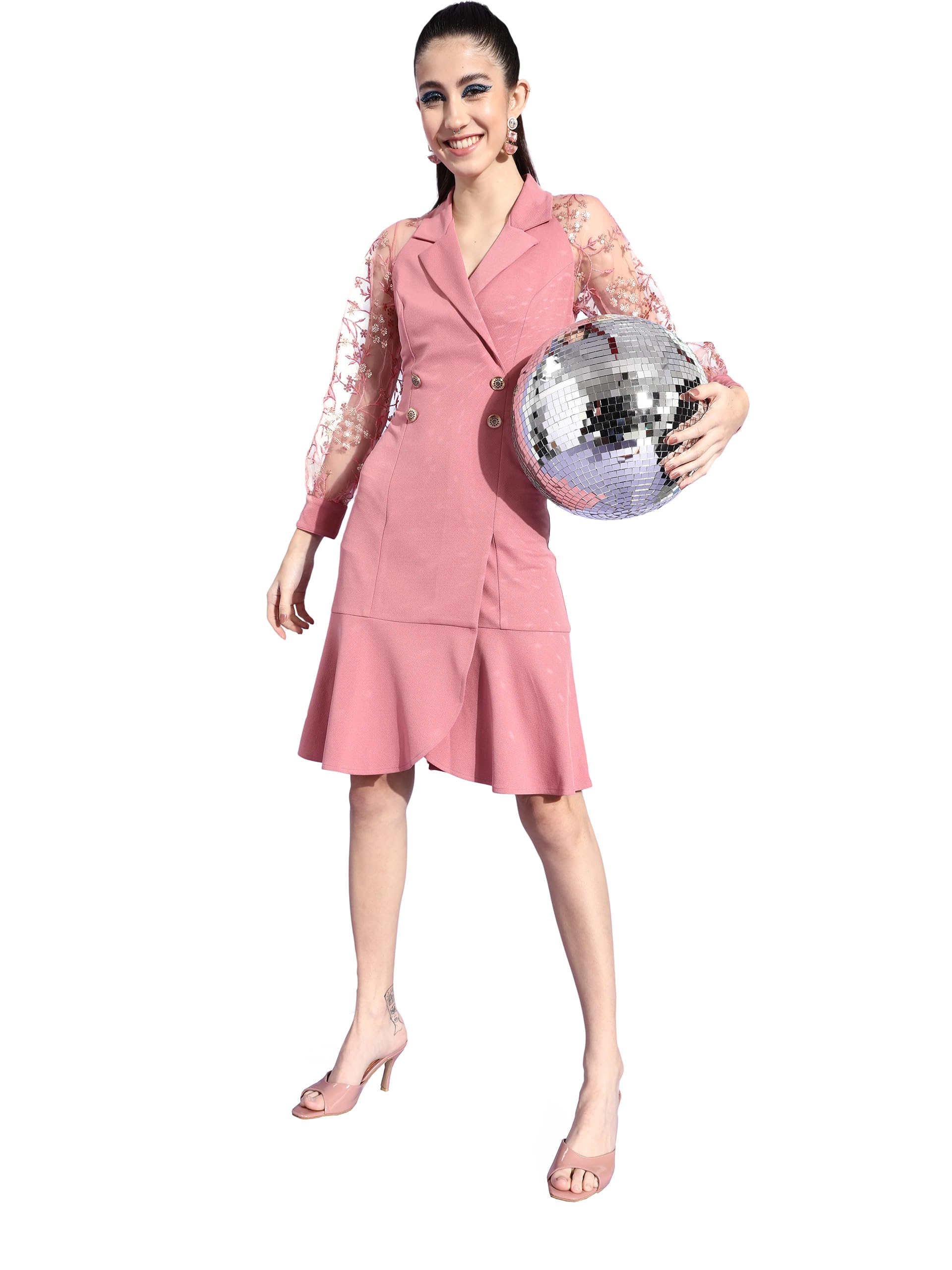 Miss Chase WomenS Embroidered Double Breasted Knee Length Dress (Mcaw25D91-96-246-06, Dusty Pink & Golden, Xl)