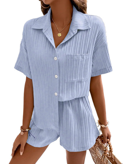Shasmi Women & Girls Sky Blue Solid Color Button Front Vacation Solid Texture Short Sleeve Loose Fit Drop Shoulder Pocket Shirt
