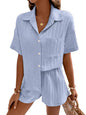 Shasmi Women & Girls Sky Blue Solid Color Button Front Vacation Solid Texture Short Sleeve Loose Fit Drop Shoulder Pocket Shirt
